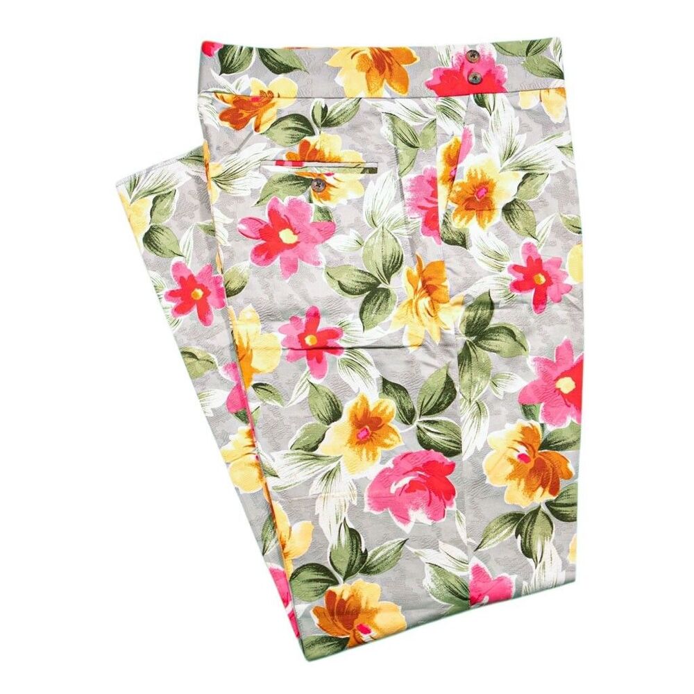 Mens 38 Gurkha Pants Gray Floral Print Cotton Flat Front Straight Fit Trousers